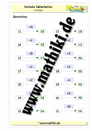 Zahlenketten Addition bis 20 ohne Übergang - ©2011-2018, www.mathiki.de