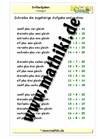 Addition Zahlwörter bis 20 ohne Übergang - ©2011-2019, www.mathiki.de