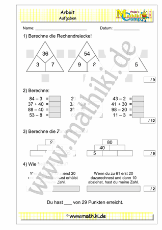 6. Klassenarbeit Mathe (Klasse 2) - ©2011-2019, www.mathiki.de