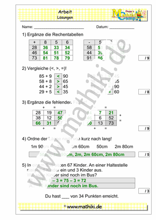 7. Klassenarbeit Mathe (Klasse 2) - ©2011-2019, www.mathiki.de