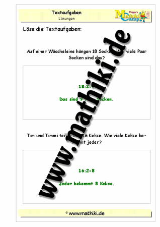 Klasse 2: Textaufgaben zur Division - ©2011-2016, www.mathiki.de - Ihre Matheseite im Internet