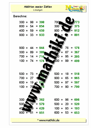 Addition bis 1000 ohne Übergang (II) - ©2011-2018, www.mathiki.de