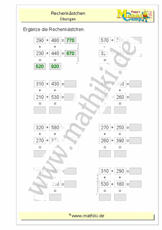 Rechengitter Addition bis 1000 (II) (Klasse 3) - ©2011-2020, www.mathiki.de