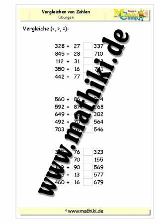 Zahlen vergleichen Addition bis 1000 - ©2011-2018, www.mathiki.de