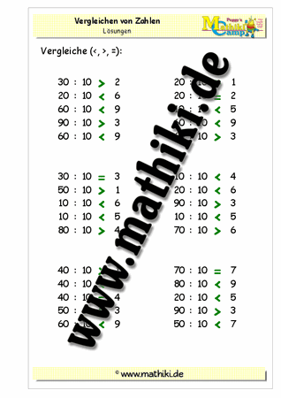 Vergleichen der Zahlen mit Division (1x10) - ©2011-2016, www.mathiki.de - Ihre Matheseite im Internet