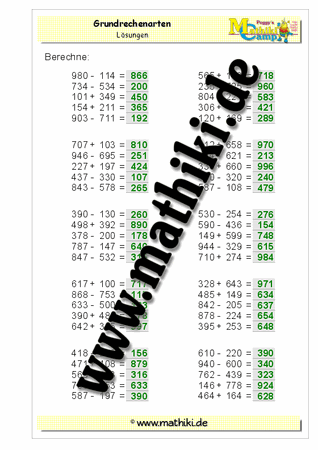 Grundrechenarten HZE mit HZE bis 1.000 - ©2011-2016, www.mathiki.de - Ihre Matheseite im Internet