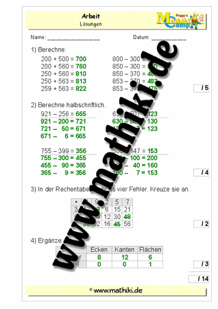 4. Klassenarbeit Mathe (Klasse 3) - ©2011-2019, www.mathiki.de