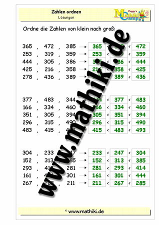 Zahlen ordnen bis 500 - ©2011-2018, www.mathiki.de