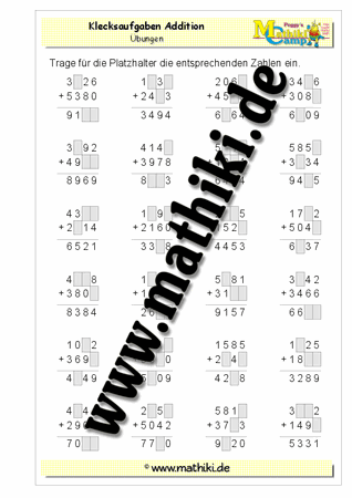Platzhalteraufgaben (Klecksaufgaben) Addition - ©2011-2016, www.mathiki.de - Ihre Matheseite im Internet