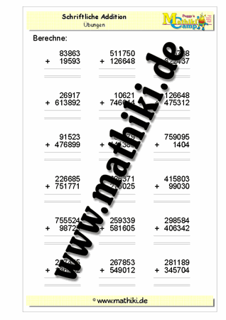 Schriftliche Addition bis 1 Million - ©2011-2016, www.mathiki.de - Ihre Matheseite im Internet