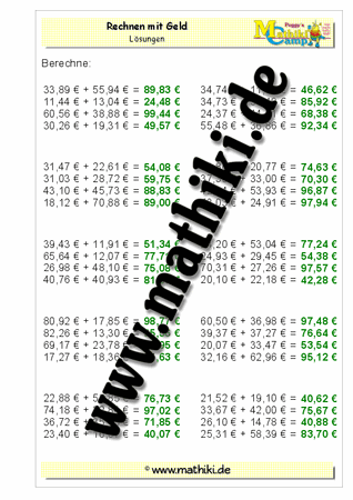 Rechnen mit Geld (ZE,ZE€+ZE,ZE€) - ©2011-2016, www.mathiki.de - Ihre Matheseite im Internet