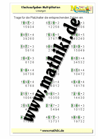 Platzhalteraufgaben (Klecksaufgaben) Multiplikation 4 - ©2011-2016, www.mathiki.de - Ihre Matheseite im Internet