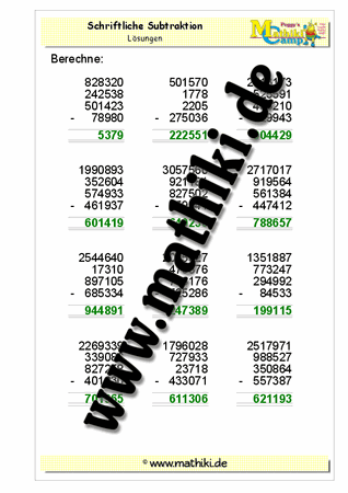 Schriftliche Subtraktion − vier Zahlen bis 1 Million - ©2011-2016, www.mathiki.de - Ihre Matheseite im Internet