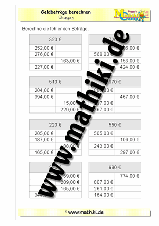 Geldbeträge berechnen − HZ0€ - ©2011-2016, www.mathiki.de - Ihre Matheseite im Internet