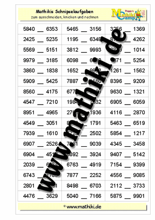 Schnipselaufgaben: Zahlen vergleichen bis 10.000 - ©2011-2016, www.mathiki.de - Ihre Matheseite im Internet