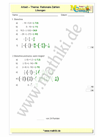 Rationale Zahlen - 1. Klassenarbeit Mathe (Klasse 5/6) - ©2011-2019, www.mathiki.de