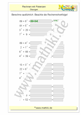 Rechnen mit Potenzen (Klasse 5/6) - ©2011-2020, www.mathiki.de