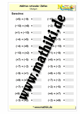 Ganze Zahlen: Addition (gemischt) + (gemischt) - ©2011-2016, www.mathiki.de - Ihre Matheseite im Internet