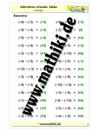 Ganze Zahlen: Subtraktion (−) − (−) - ©2011-2016, www.mathiki.de - Ihre Matheseite im Internet
