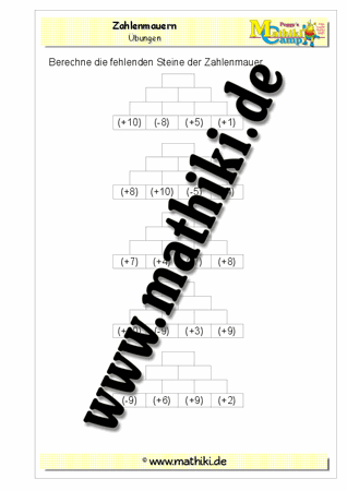 Zahlenmauern: Ganze Zahlen einfach - ©2011-2016, www.mathiki.de - Ihre Matheseite im Internet