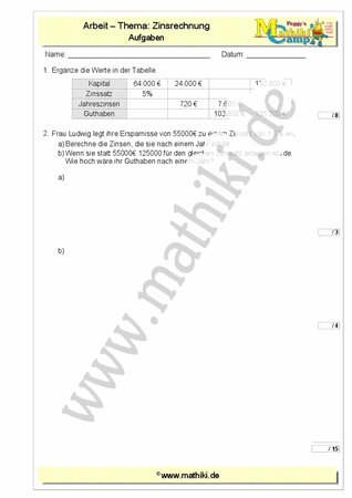 Zinsrechnung - 1. Klassenarbeit Mathe (Klasse 7/8) - ©2011-2019, www.mathiki.de