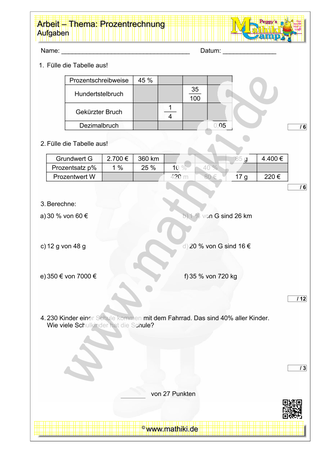 Prozentrechnung: Mathearbeit (4) - ©2023, www.mathiki.de