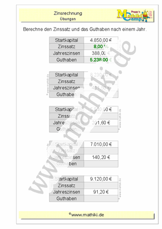 Zinsrechnung: Zinssatz - Guthaben (Klasse 7/8) - ©2011-2020, www.mathiki.de