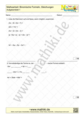Terme & Gleichungen: Mathearbeit (1) (Klasse 9/10) - ©2024, www.mathiki.de