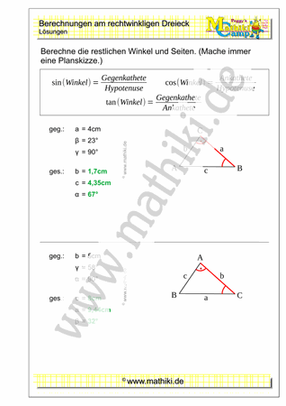 Berechnungen am rechtwinkligen Dreieck II (Klasse 9/10) - ©2021, www.mathiki.de