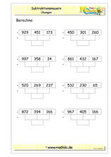 Zahlenmauer Subtraktion bis 1000 (Klasse 5/6) - ©2011-2019, www.mathiki.de