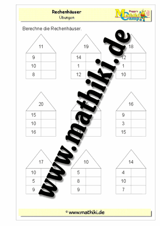 Rechenhäuser bis 20 - ©2011-2018, www.mathiki.de