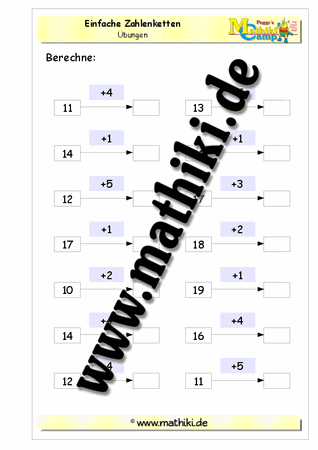 Zahlenketten Addition bis 20 ohne Übergang - ©2011-2018, www.mathiki.de