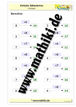 Zahlenketten Addition bis 20 mit Übergang - ©2011-2018, www.mathiki.de