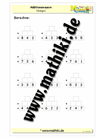 Zahlenmauer Addition bis 20 (I) - ©2011-2018, www.mathiki.de