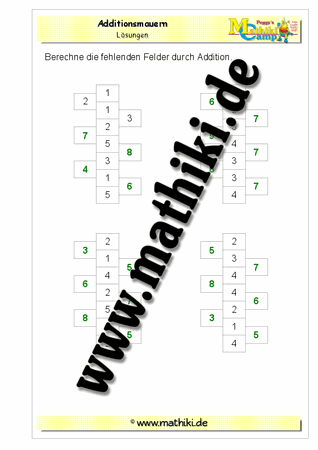 Zahlenmauer Addition bis 20 (II) - ©2011-2018, www.mathiki.de