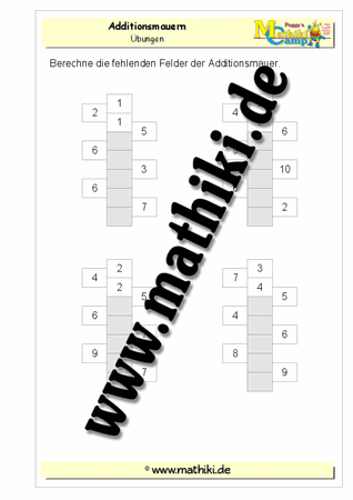 Zahlenmauer Addition bis 20 (III) - ©2011-2018, www.mathiki.de