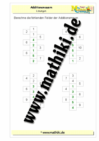 Zahlenmauer Addition bis 20 (III) - ©2011-2018, www.mathiki.de