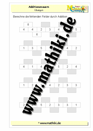 Zahlenmauer Addition bis 20 (IV) - ©2011-2018, www.mathiki.de