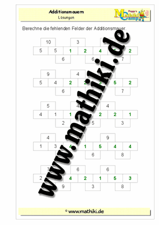 Zahlenmauer Addition bis 20 (V) - ©2011-2018, www.mathiki.de