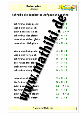 Subtraktion Zahlwörter bis 10 - ©2011-2019, www.mathiki.de
