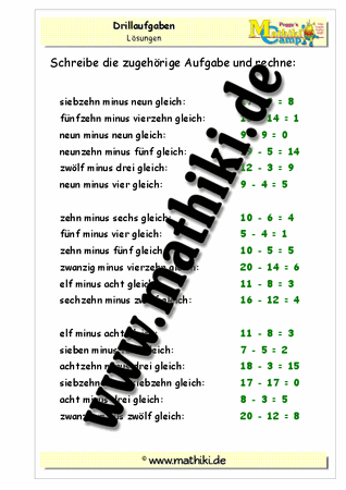 Subtraktion Zahlwörter bis 20 - ©2011-2019, www.mathiki.de