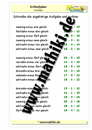 Subtraktion Zahlwörter bis 20 ohne Übergang - ©2011-2019, www.mathiki.de