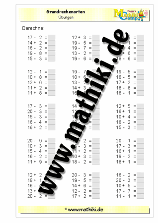 Addition / Subtraktion bis 20 ohne Übergang - ©2011-2018, www.mathiki.de