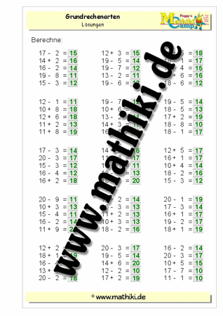 Addition / Subtraktion bis 20 ohne Übergang - ©2011-2018, www.mathiki.de