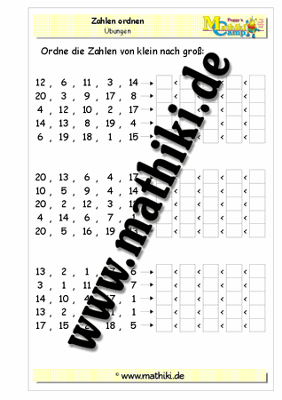 Zahlen ordnen bis 20 - ©2011-2018, www.mathiki.de