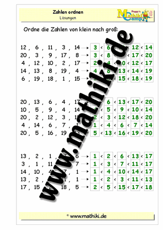 Zahlen ordnen bis 20 - ©2011-2018, www.mathiki.de