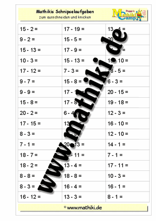 Subtraktion bis 20 Schnipsel - ©2011-2019, www.mathiki.de