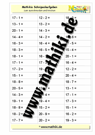 Subtraktion bis 20 ohne Übergang Schnipsel (I) - ©2011-2019, www.mathiki.de
