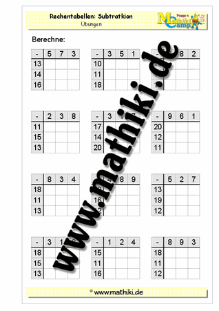 Rechentabellen Subtraktion bis 20 - ©2011-2018, www.mathiki.de