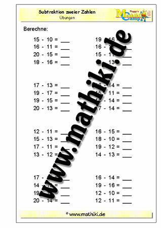 Subtraktion bis 20 - ©2011-2018, www.mathiki.de